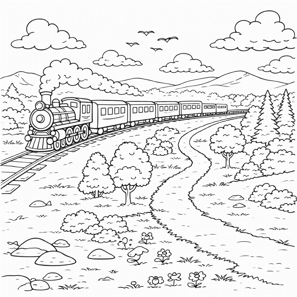 Dampflok durch malerische Landschaft - Ausmalbild