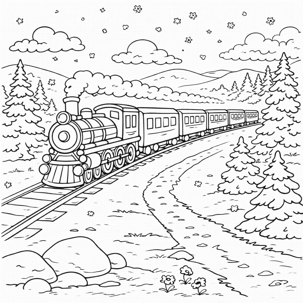 Dampflok in Winterlandschaft - Ausmalbild