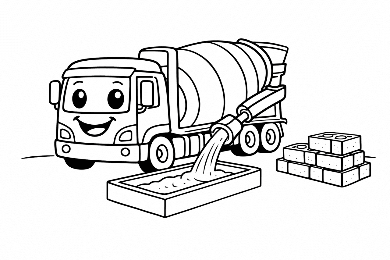 Der Zementmischer füllt eine Form - Ausmalbild