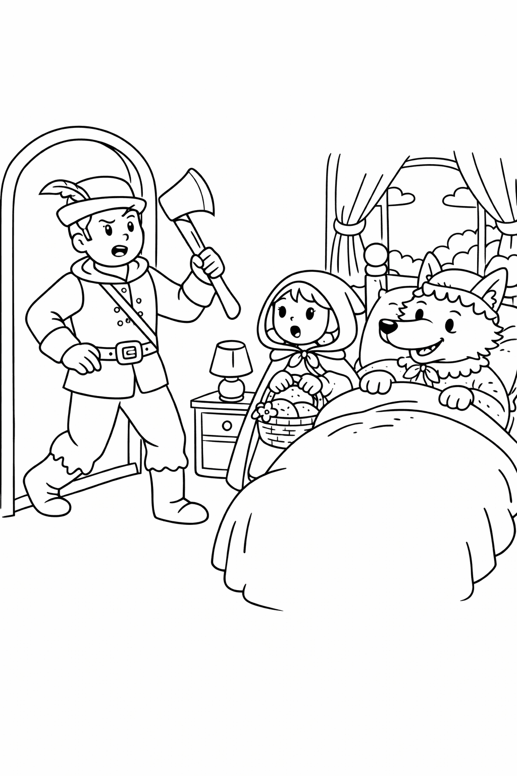 Der heldische Jäger rettet Rotkäppchen - Ausmalbild