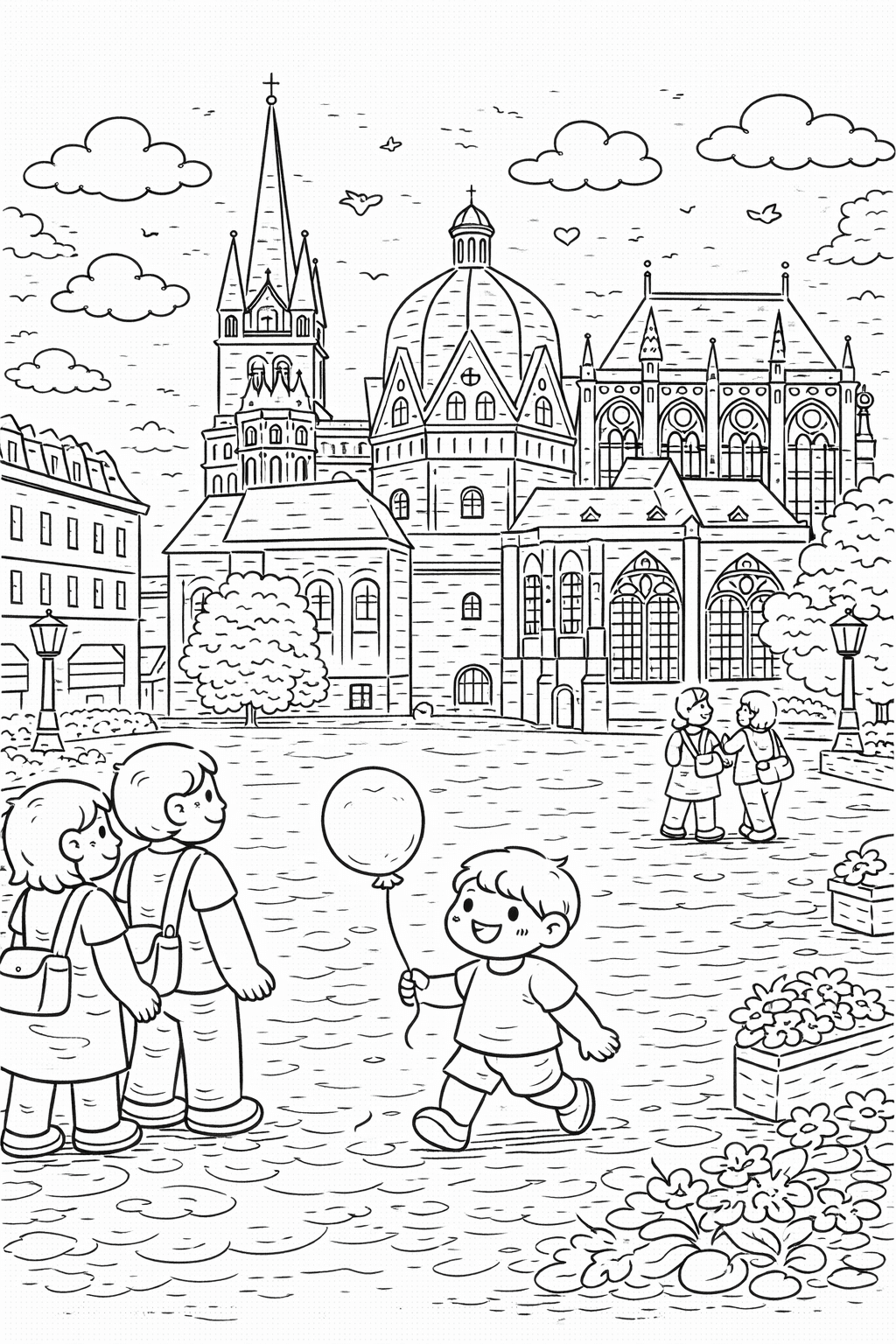 Deutschland: Aachener Dom im Frühling - Ausmalbild