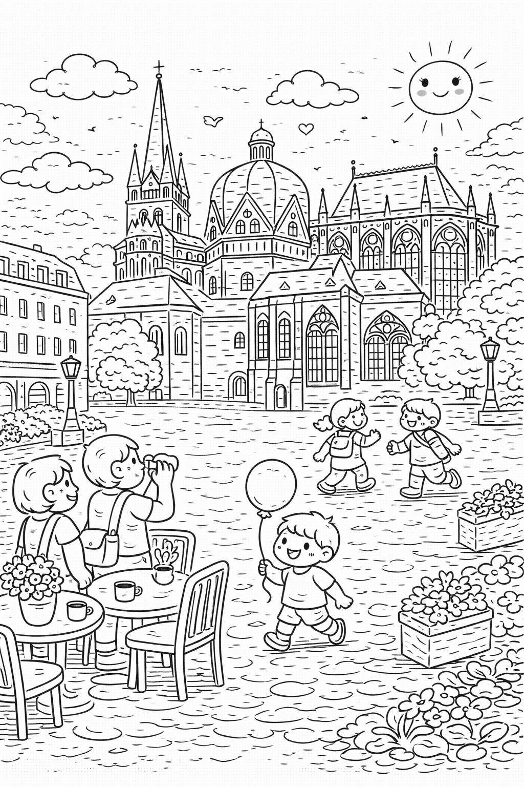 Deutschland: Aachener Dom und belebter Platz - Ausmalbild