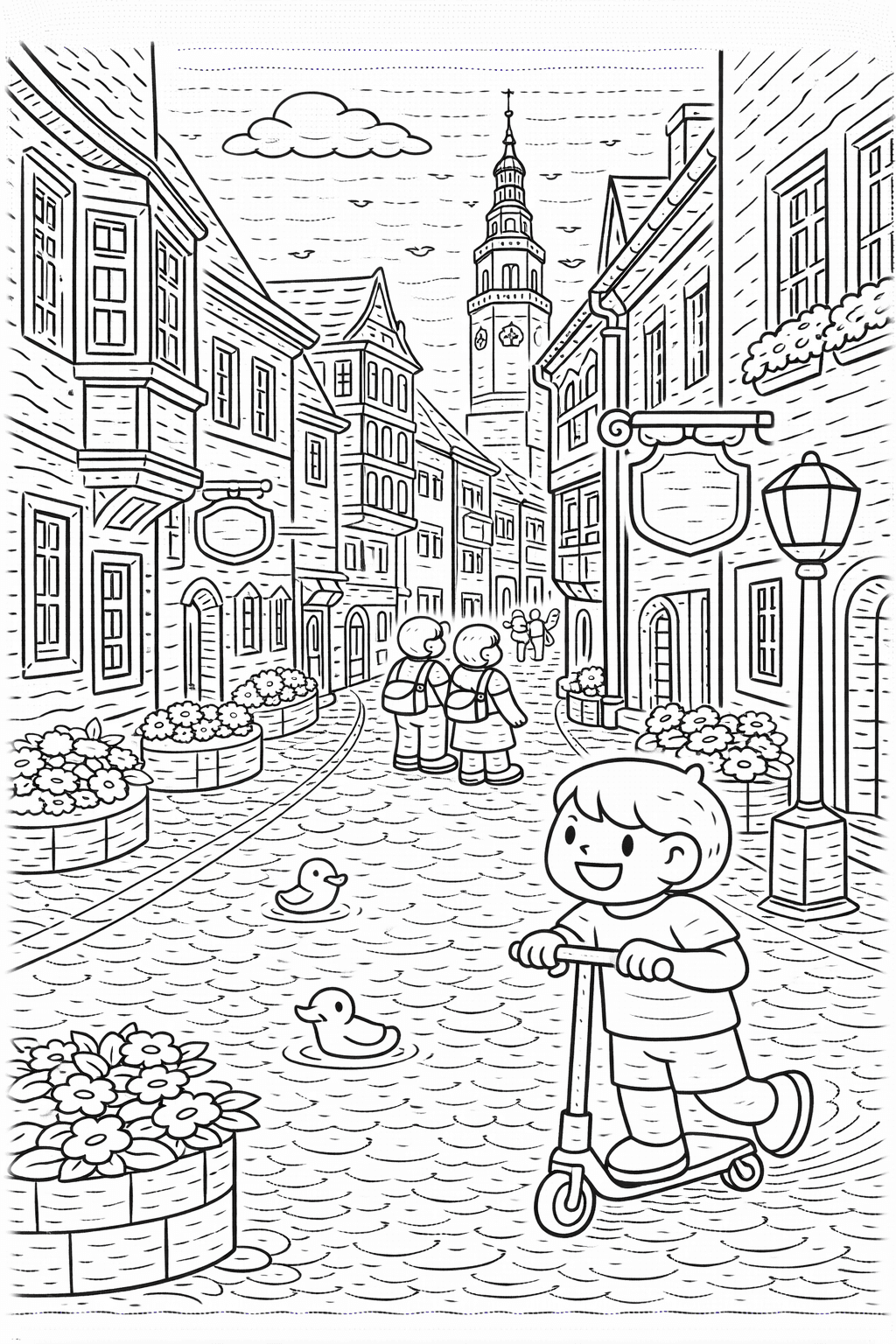 Deutschland: Altstadtgasse mit Kinder und Paar - Ausmalbild