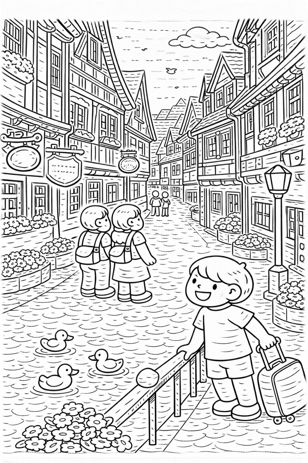 Deutschland: Bamberg Gassen im Frühling - Ausmalbild