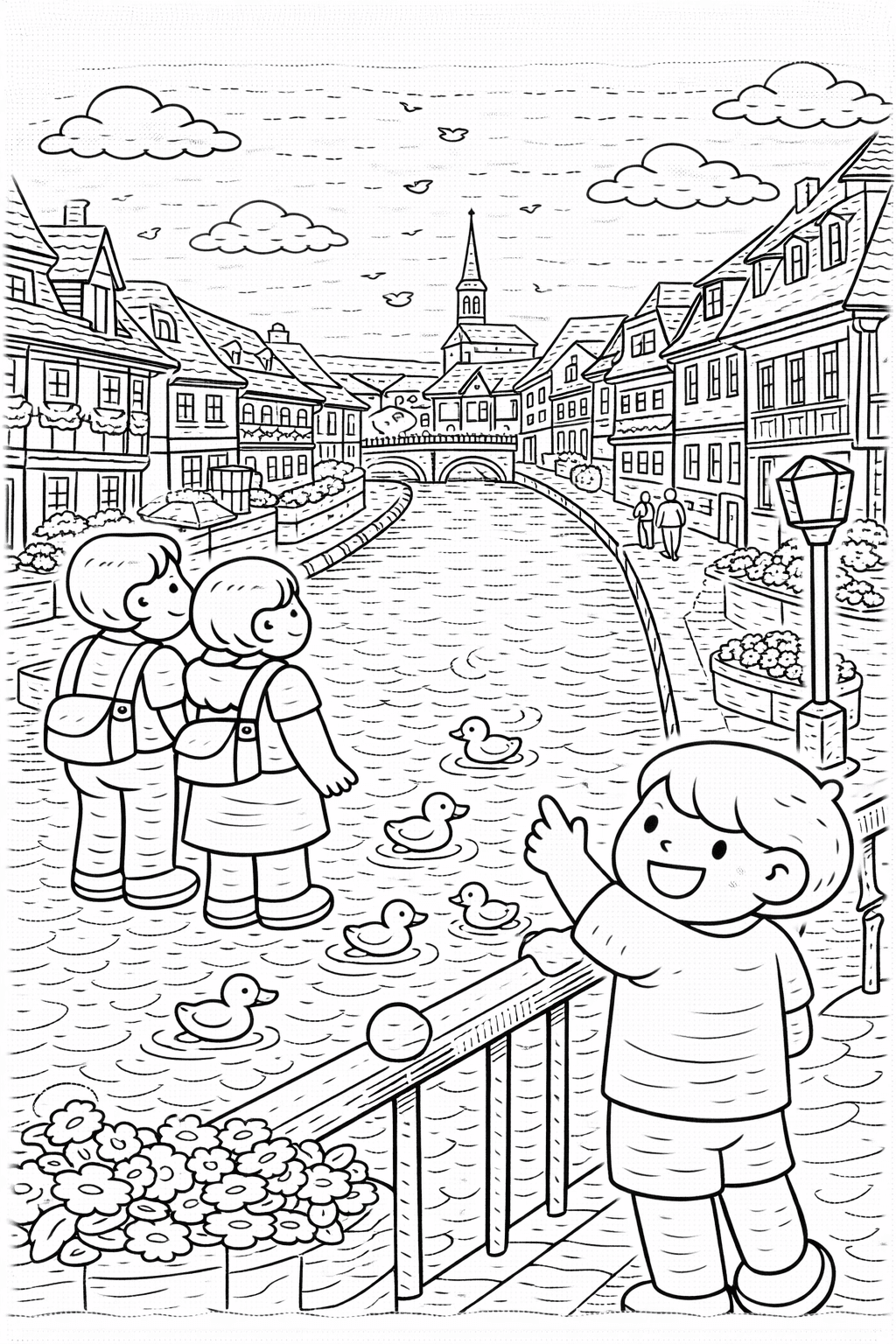 Deutschland: Bamberger Kanal mit historischen Häusern - Ausmalbild