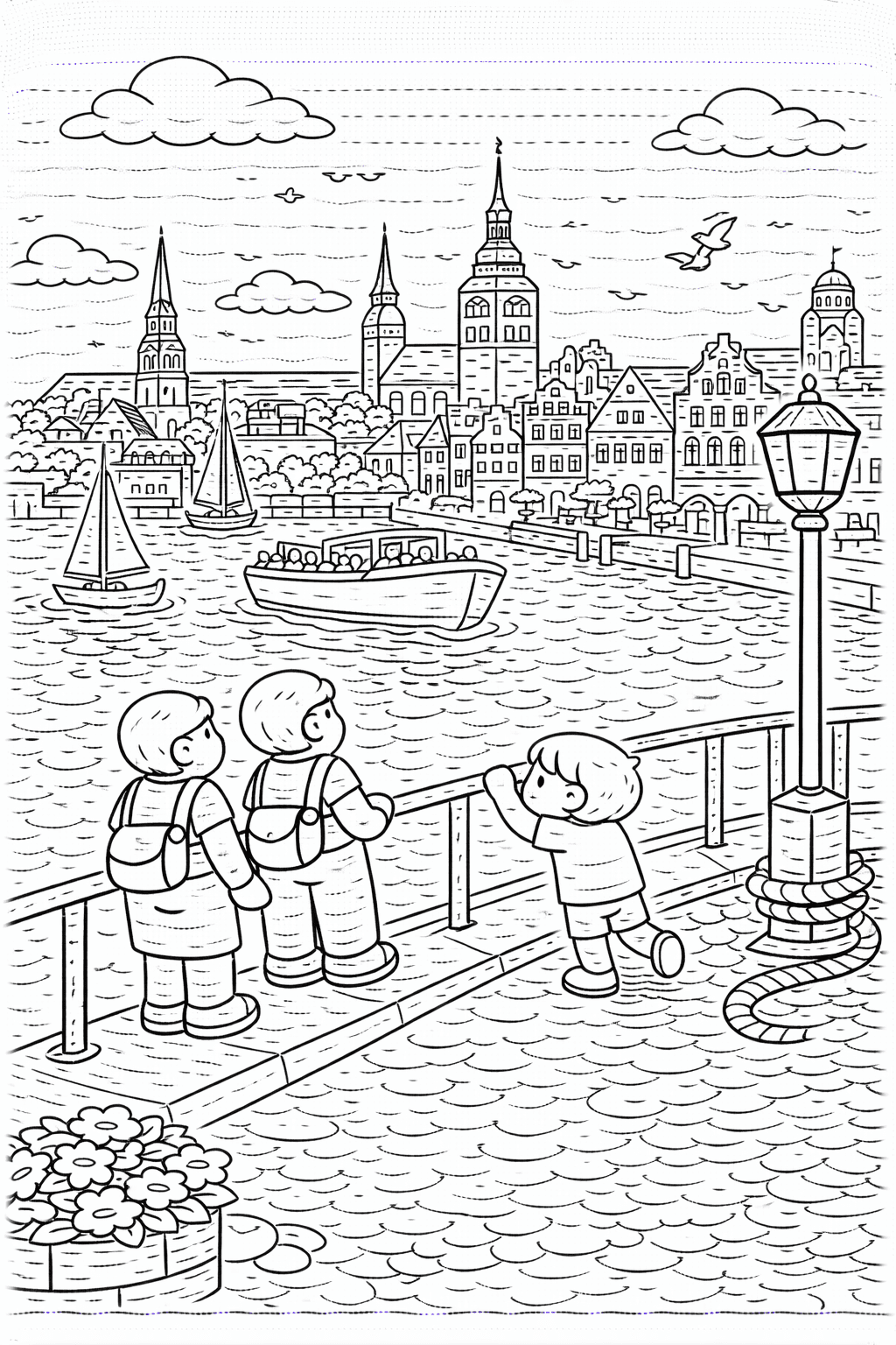 Deutschland: Blick auf den Hafen von Stralsund - Ausmalbild