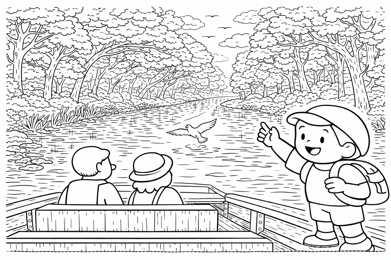 Deutschland: Bootsfahrt durch den Waldbach - Ausmalbild