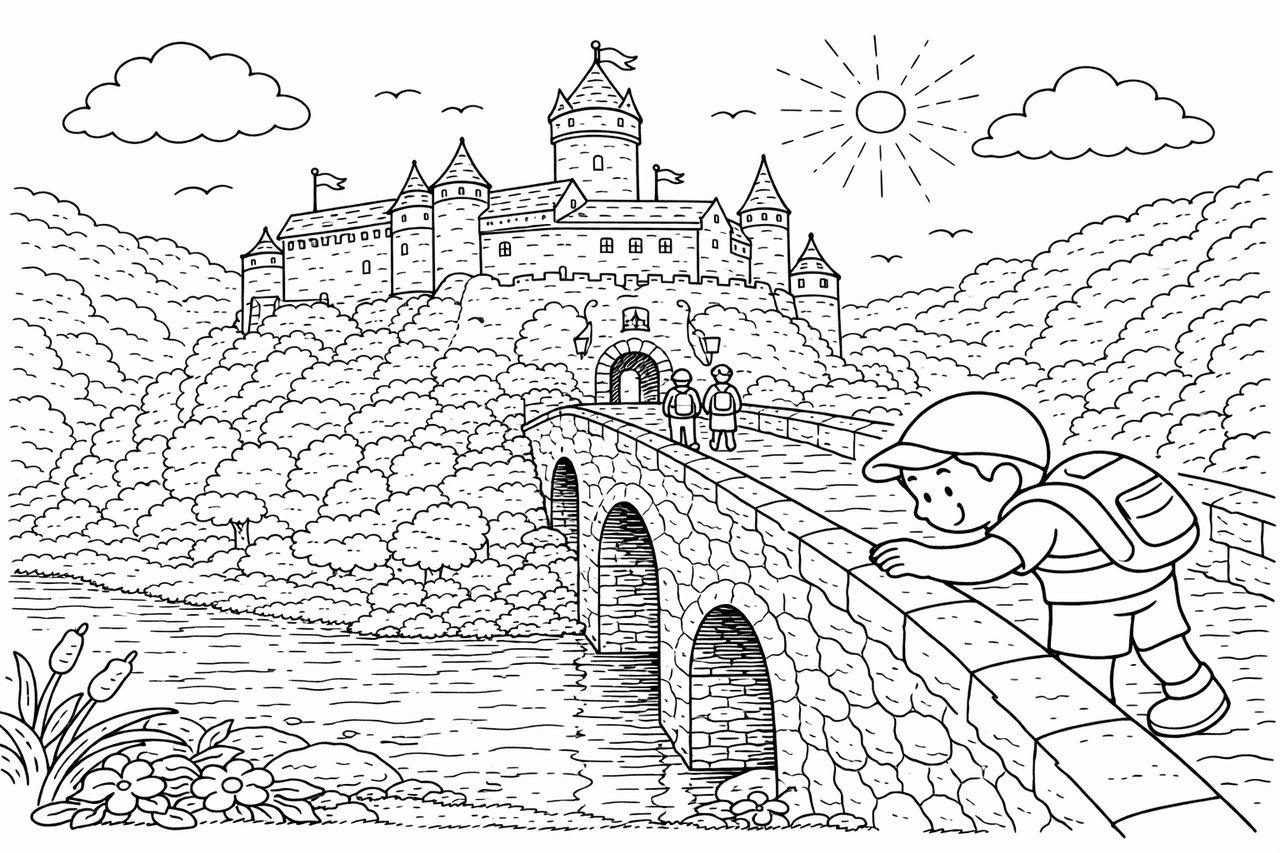 Deutschland: Burg Altena mit Brücke und Aussicht - Ausmalbild