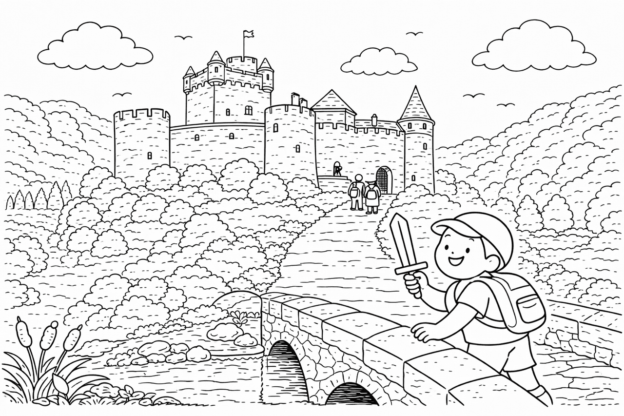 Deutschland: Burg Bentheim und der kleine Ritter - Ausmalbild