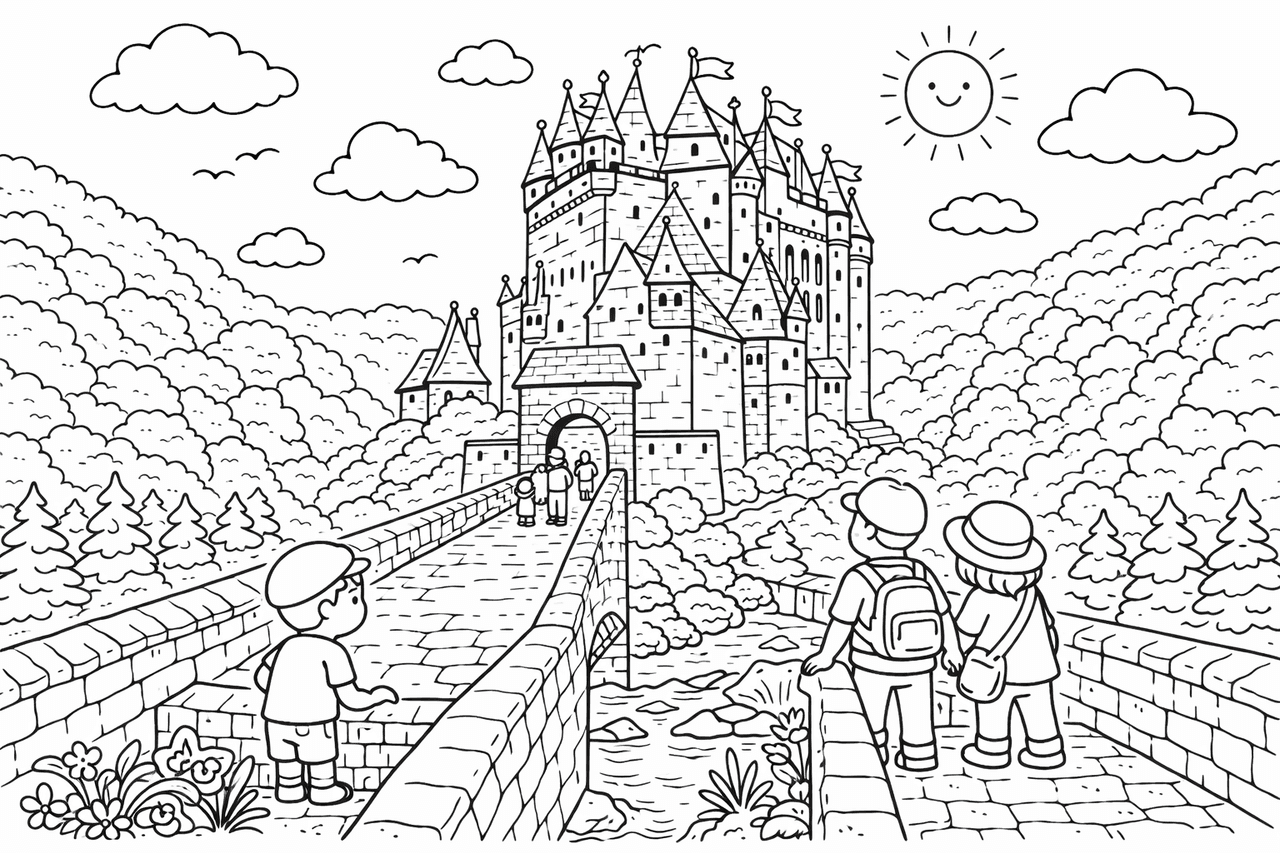 Deutschland: Burg Eltz bei strahlendem Himmel - Ausmalbild