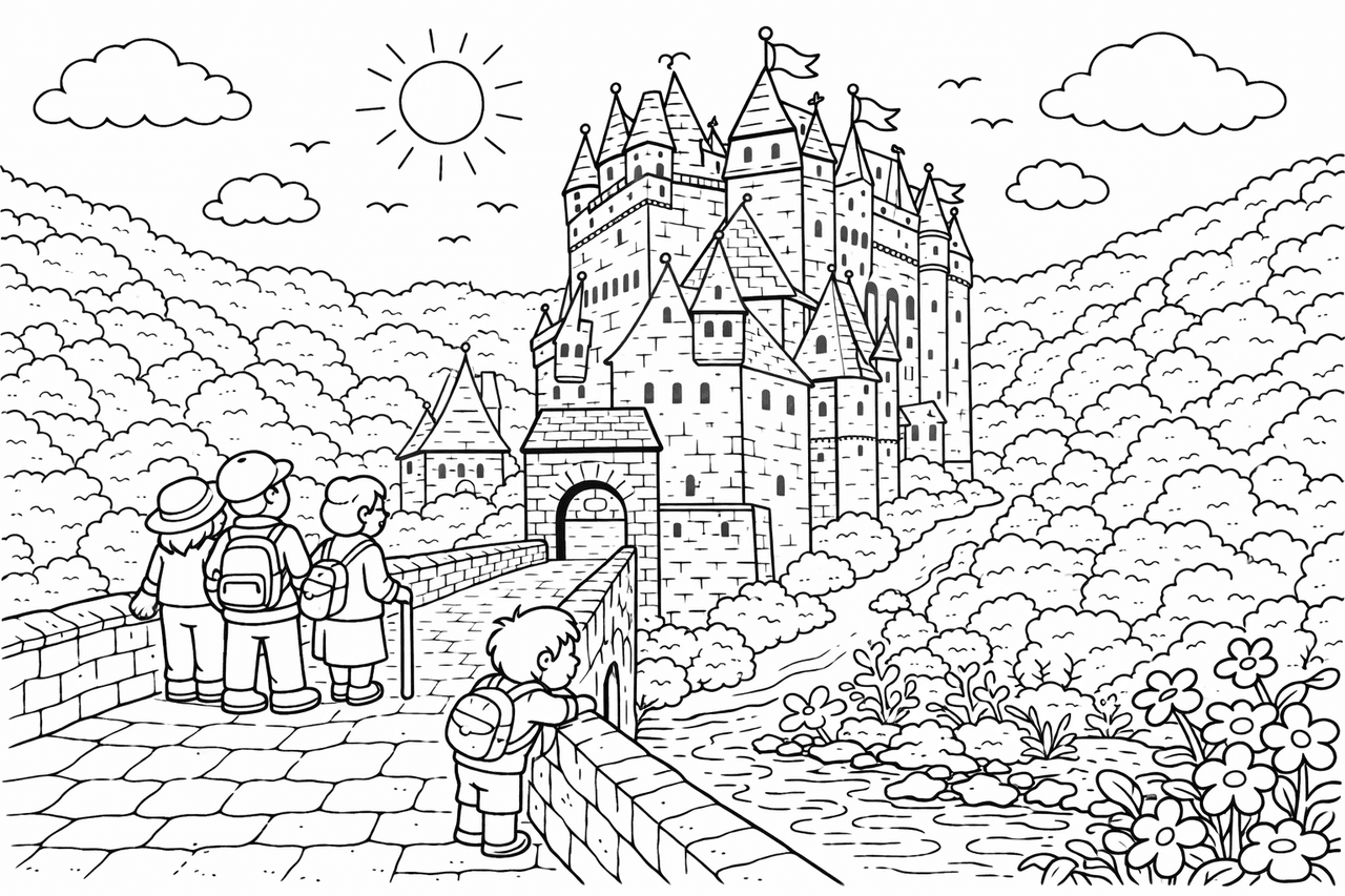 Deutschland: Burg Eltz im idyllischen Wald - Ausmalbild