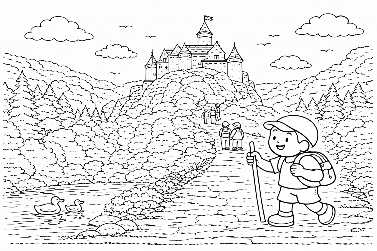 Deutschland: Burg Falkenstein und Wanderer auf dem Pfad - Ausmalbild