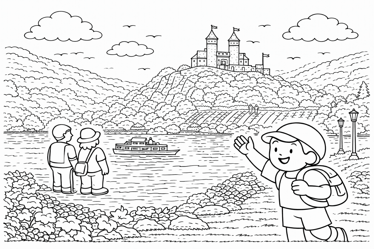 Deutschland: Burg Thurant über dem Moselfluss - Ausmalbild