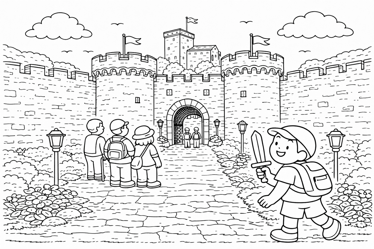 Deutschland: Burg Trifels und die Besucher - Ausmalbild