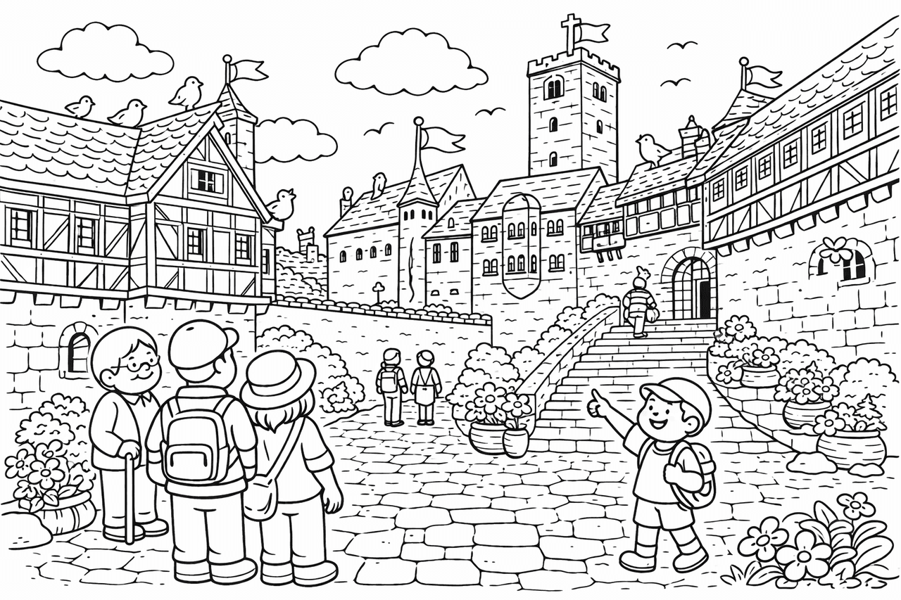 Deutschland: Burginnenhof bei Wartburg Castle - Ausmalbild