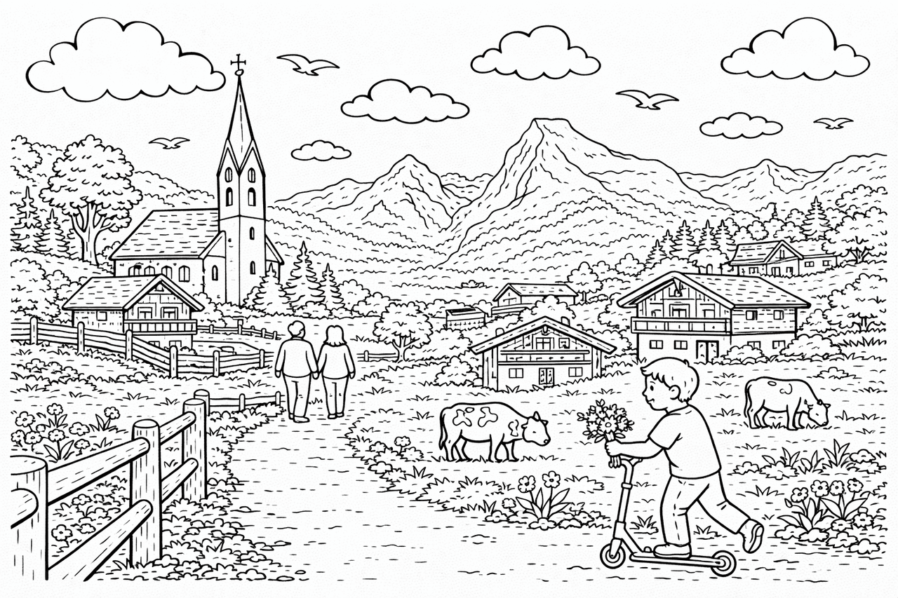 Deutschland: Dorf im Berchtesgadener Land mit Alpen - Ausmalbild