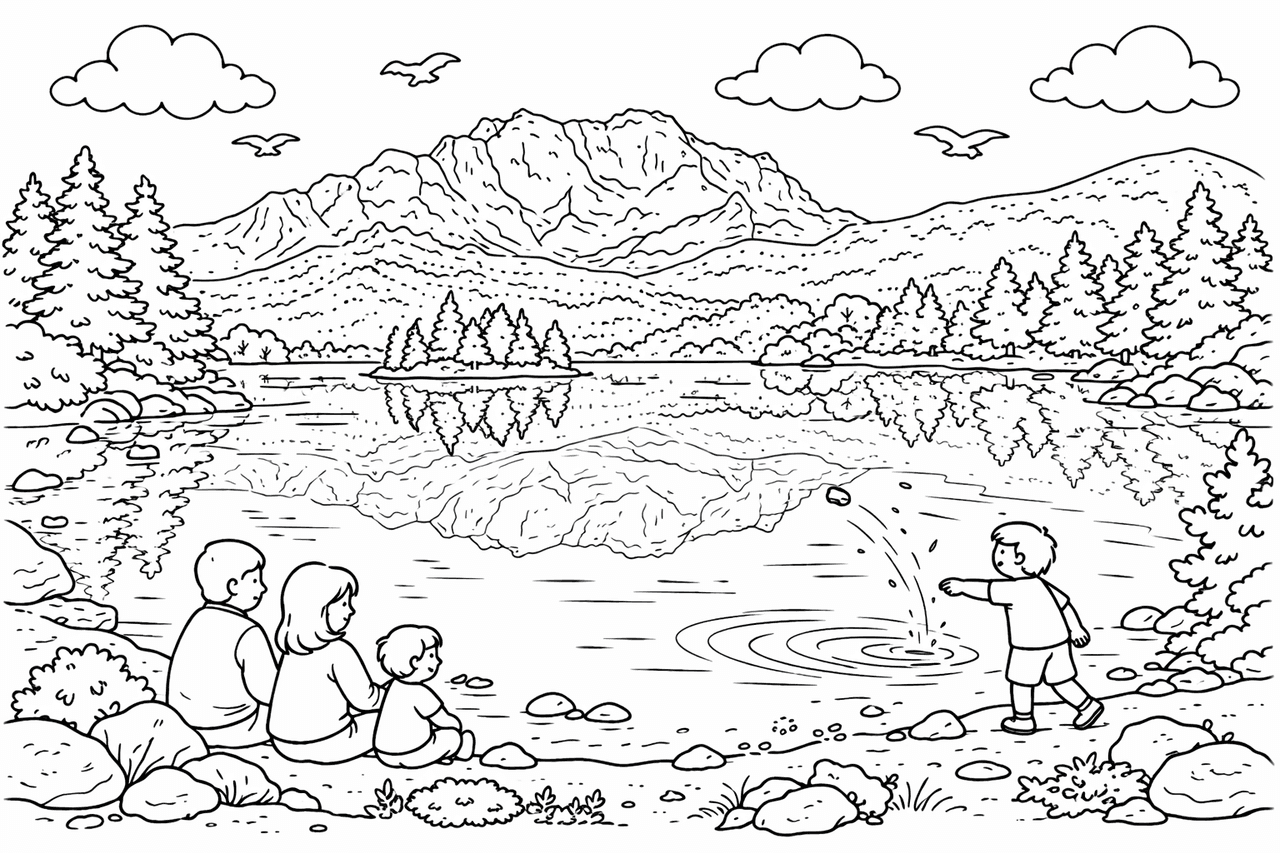 Deutschland: Familie am Eibsee mit Zugspitze - Ausmalbild