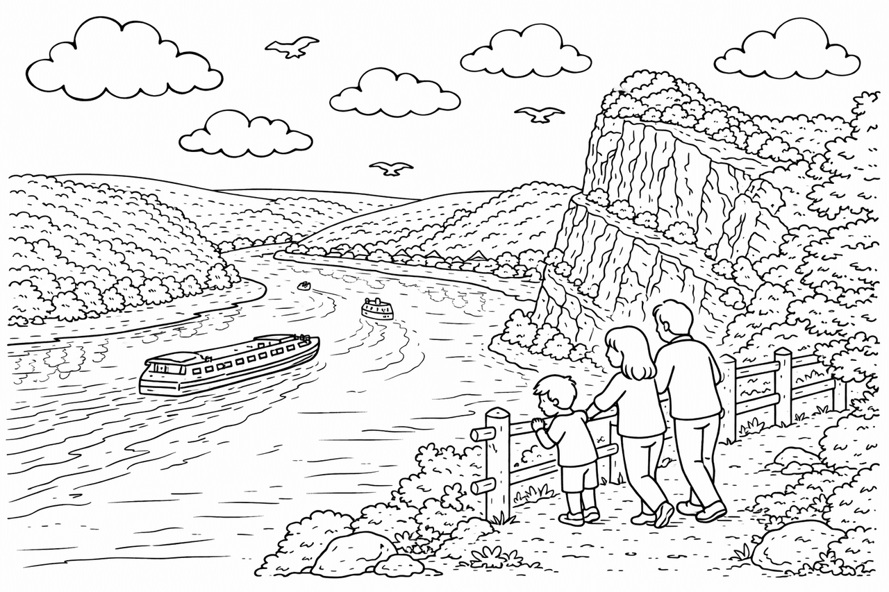 Deutschland: Familie am Loreley-Felsen über dem Rhein - Ausmalbild