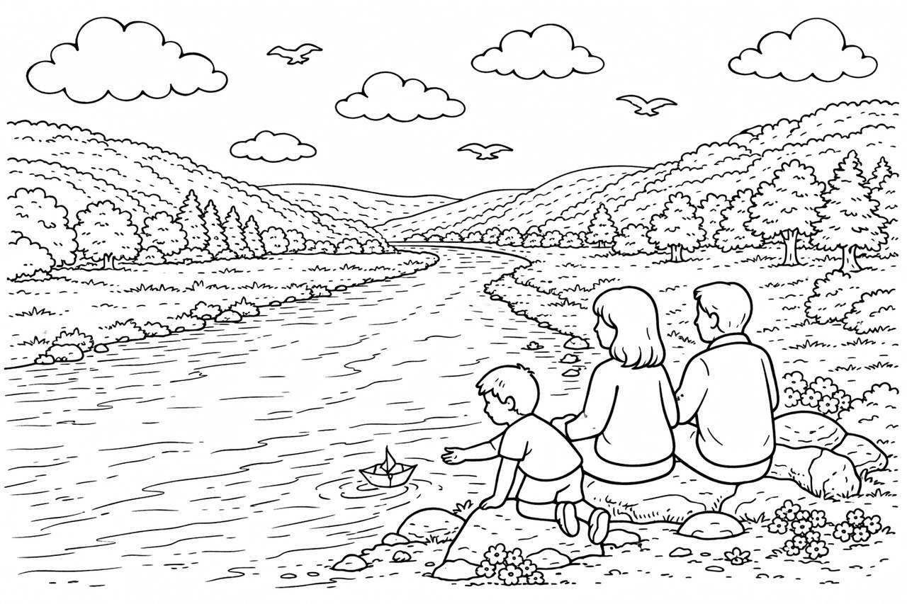 Deutschland: Familie am Ufer im Altmühltal - Ausmalbild