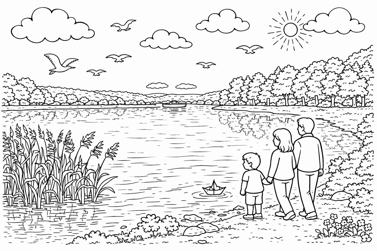 Deutschland: Familie am Ufer im Müritz-Nationalpark - Ausmalbild