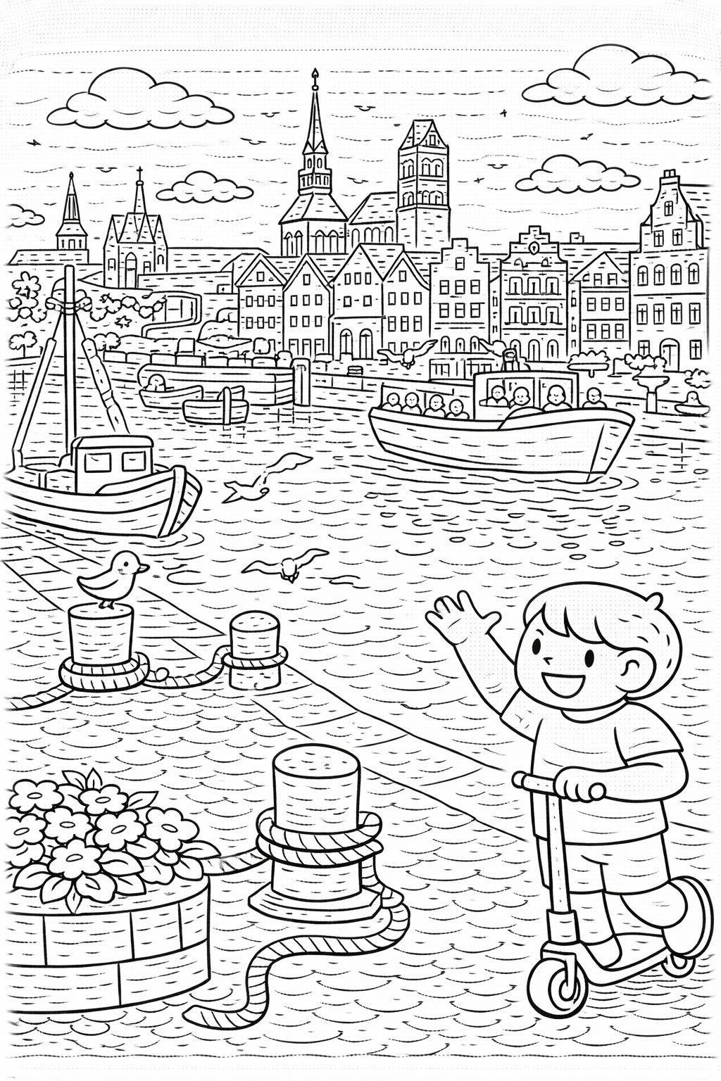 Deutschland: Hafenansicht in Wismar mit Seemöwen - Ausmalbild