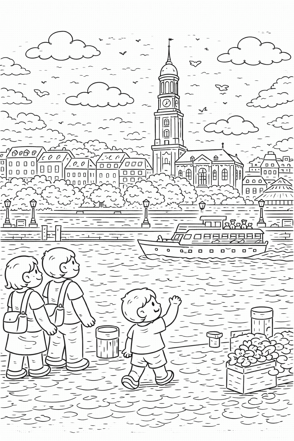 Deutschland: Hamburger Hafen mit St. Michaelis Kirche - Ausmalbild