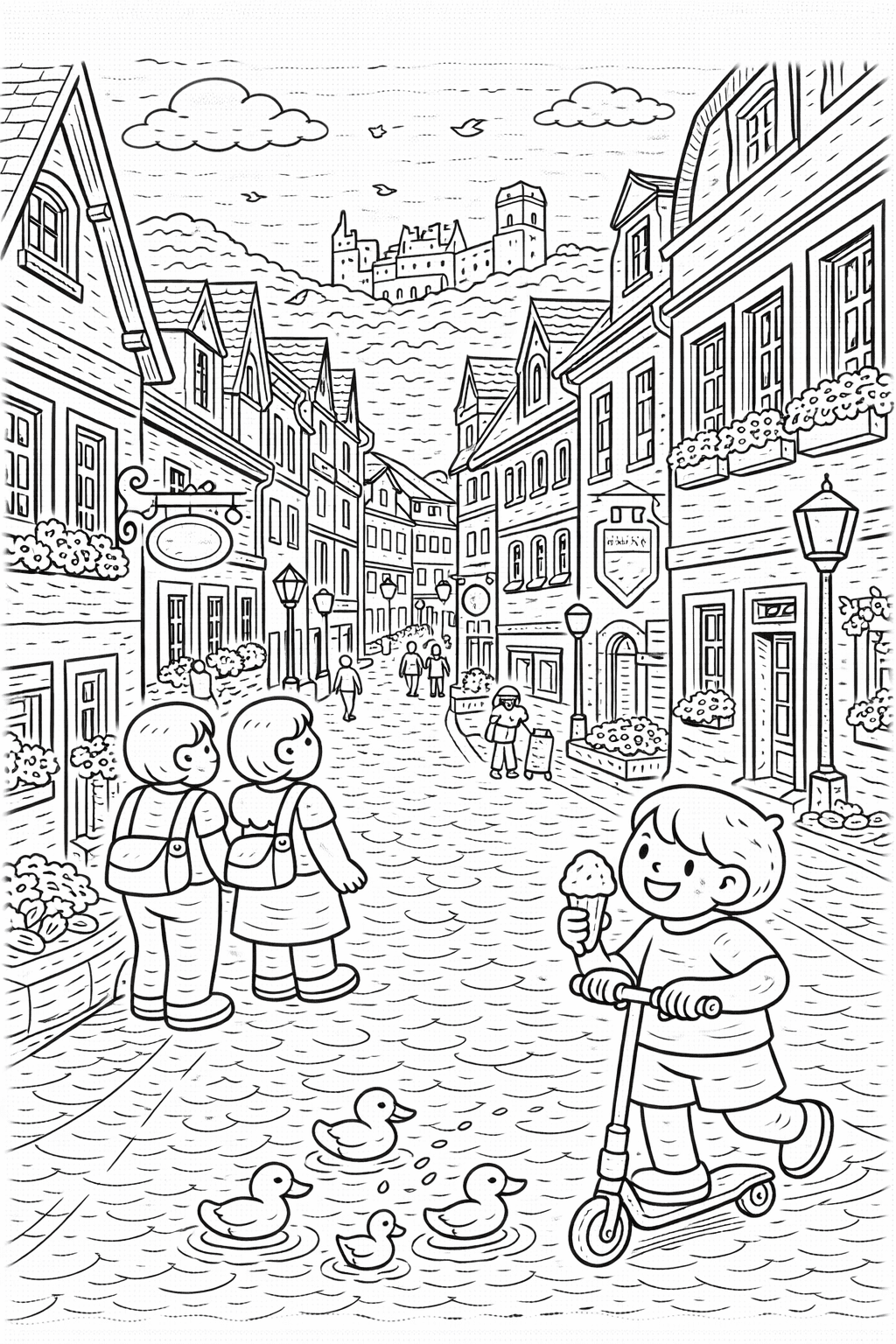 Deutschland: Heidelberger Altstadt bei Sonnenschein - Ausmalbild