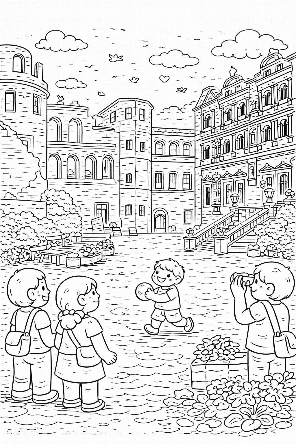 Deutschland: Heidelberger Schloss im Kinderbuchstil - Ausmalbild