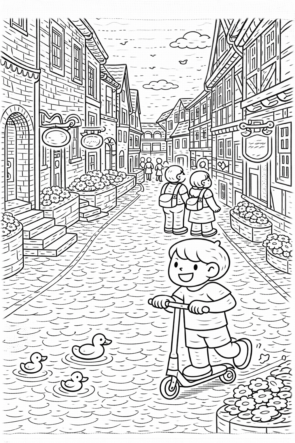 Deutschland: Historische Gasse in Lüneburg - Ausmalbild