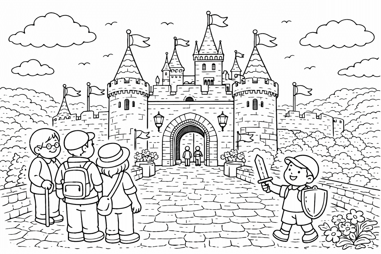 Deutschland: Hohenzollern Schloss und Besuchergruppe - Ausmalbild