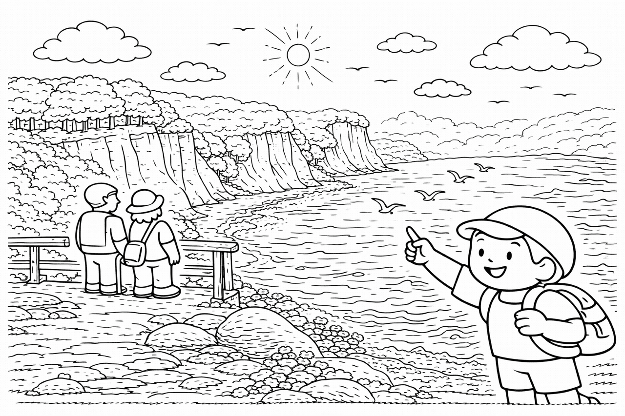 Deutschland: Junge am Aussichtspunkt auf Rügen - Ausmalbild