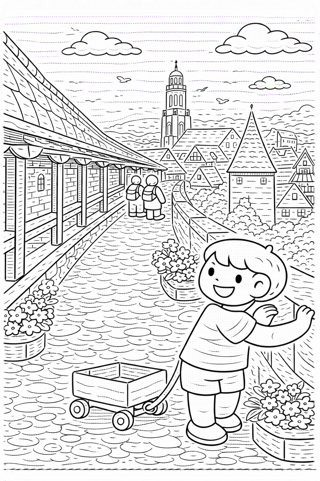 Deutschland: Junge auf der Stadtmauer von Nördlingen - Ausmalbild