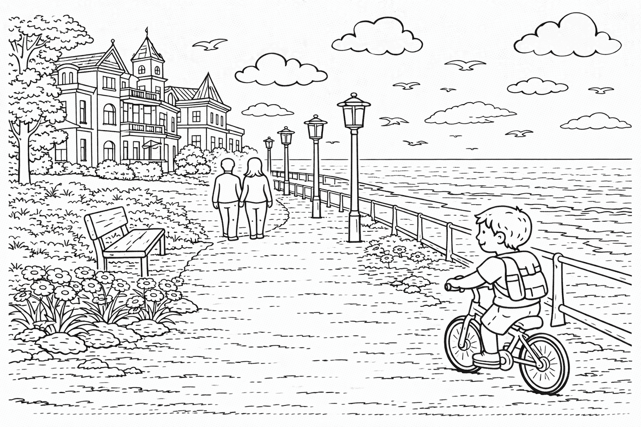 Deutschland: Küstenpromenade mit Paar und Radfahrer - Ausmalbild