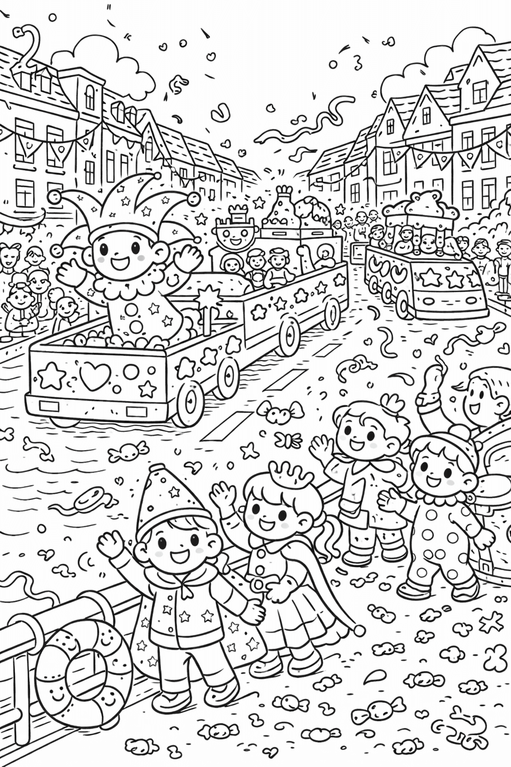 Deutschland: Karnevalszug auf der Stadtstraße - Ausmalbild