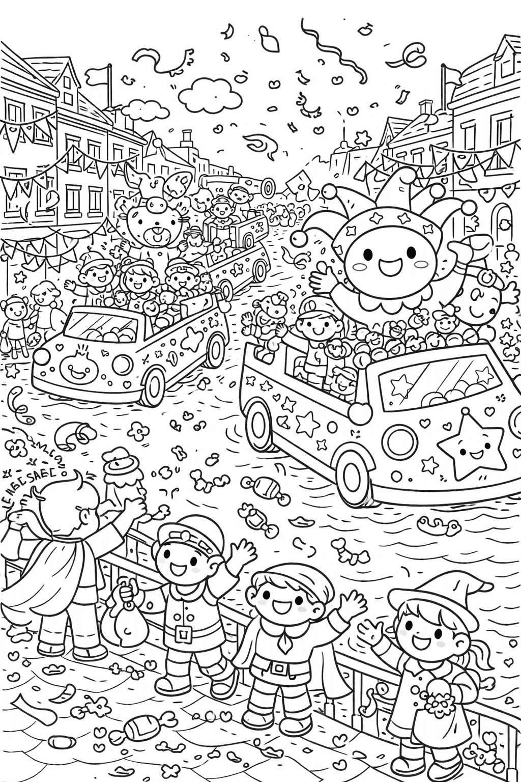 Deutschland: Karnevalszug mit bunt gekleideten Figuren - Ausmalbild