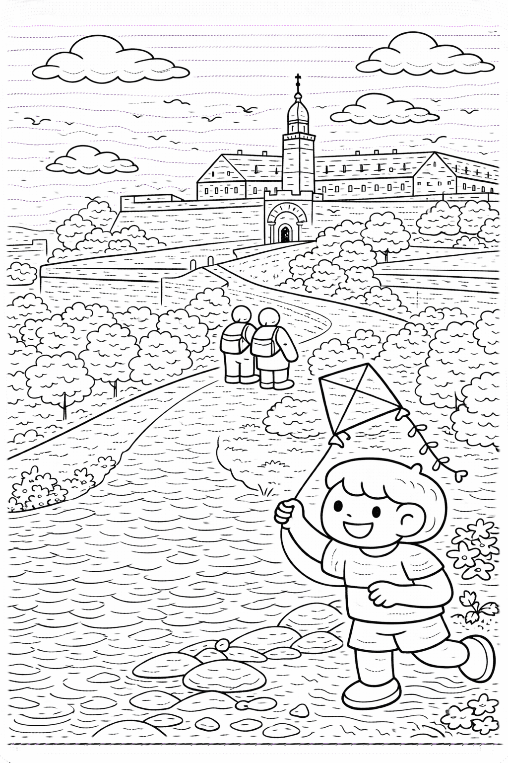 Deutschland: Kind fliegt Drachen vor der Zitadelle - Ausmalbild