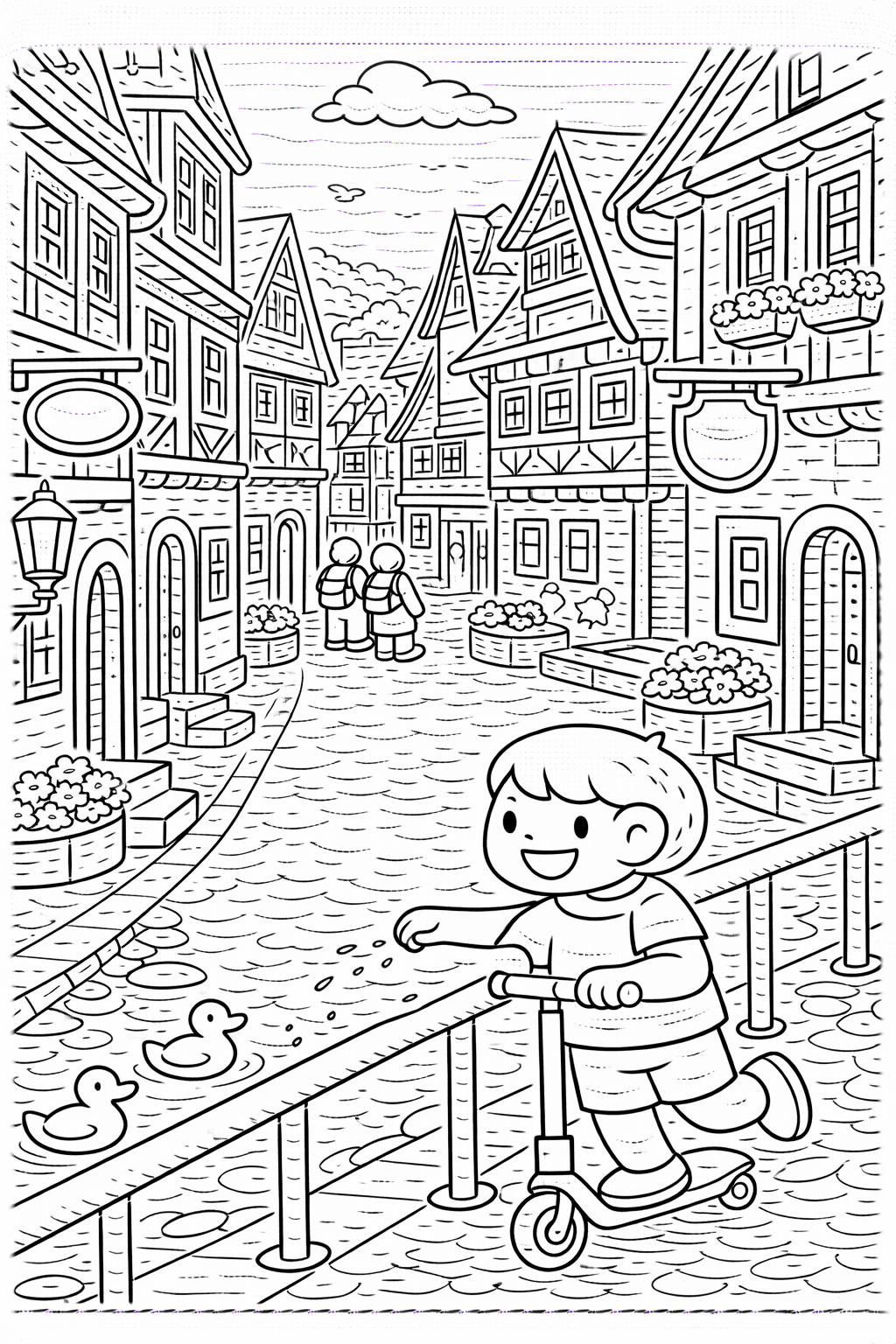 Deutschland: Kinder auf der historischen Straße - Ausmalbild