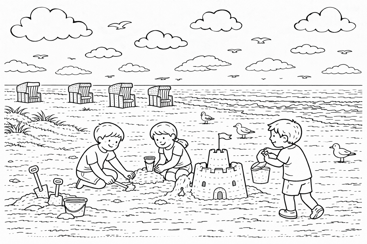 Deutschland: Kinder bauen Sandburg am Strand - Ausmalbild