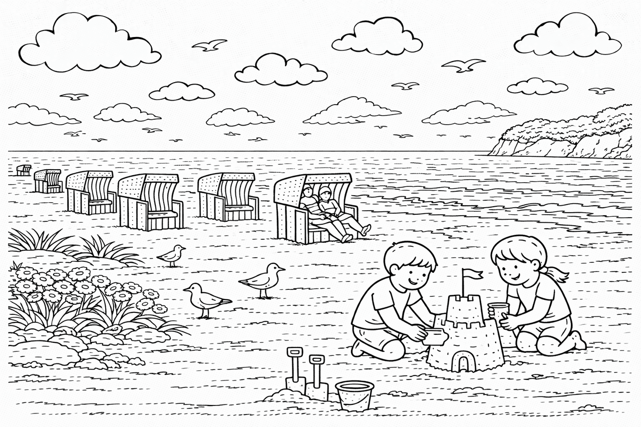 Deutschland: Kinder beim Sandburgenbau auf Rügen - Ausmalbild