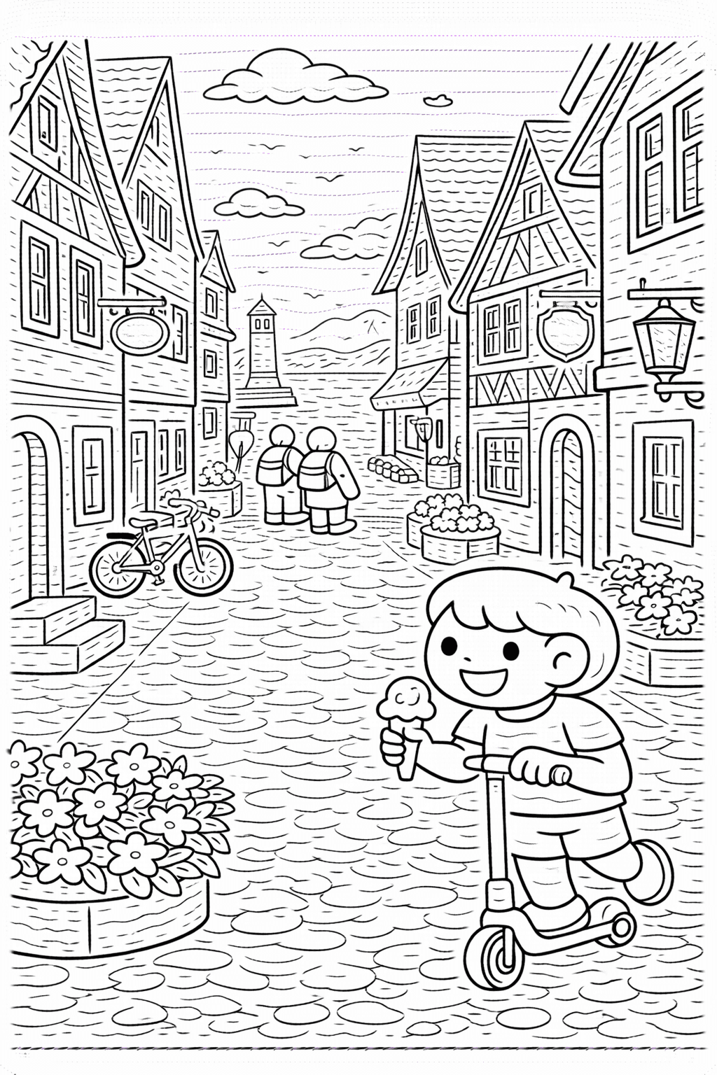 Deutschland: Kinder mit Eis auf der Gasse - Ausmalbild