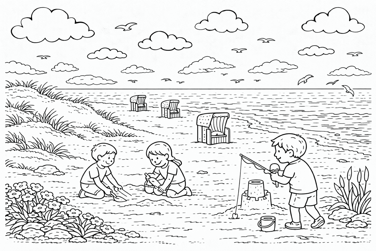 Deutschland: Kinder spielen am Strand auf Sylt - Ausmalbild