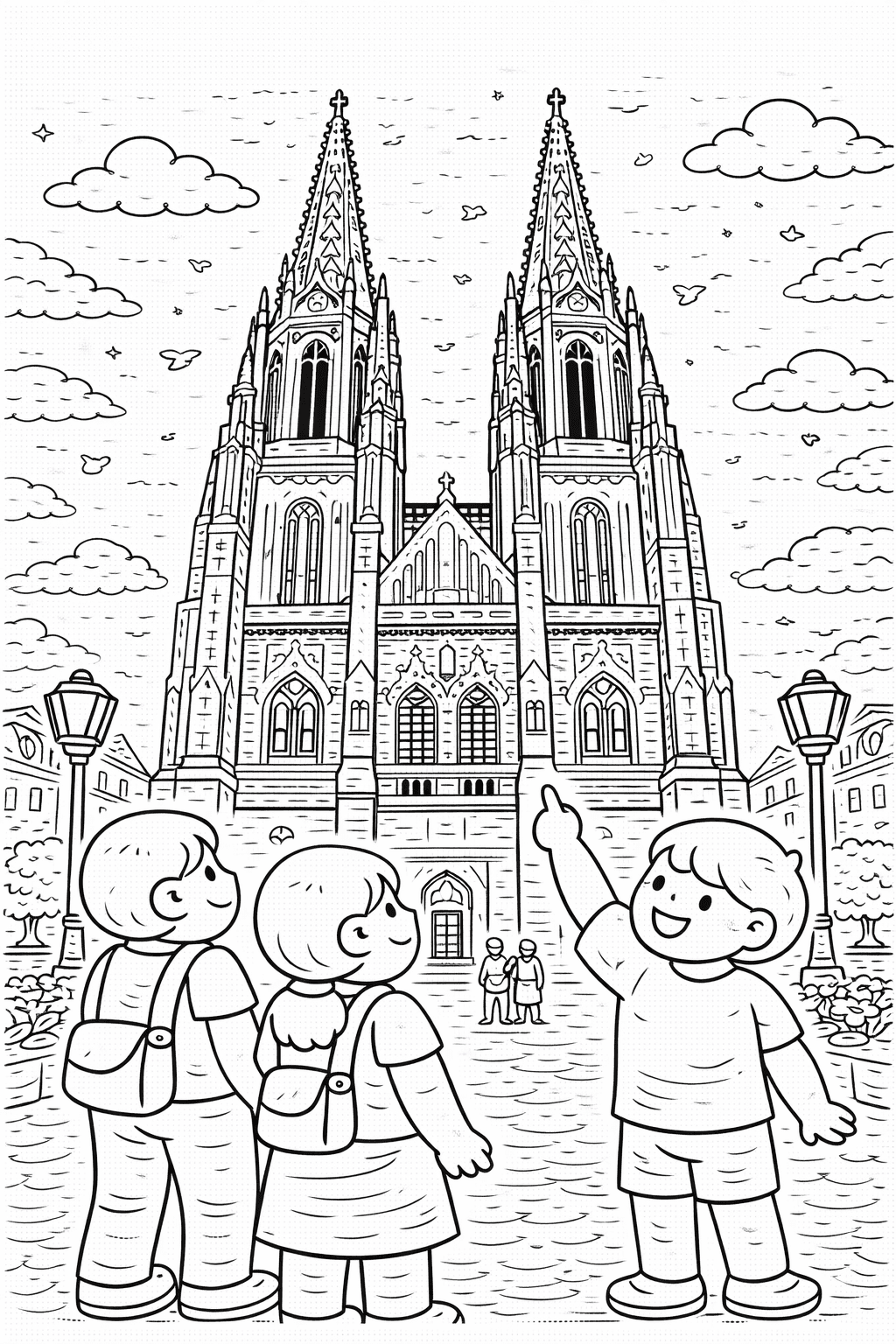 Deutschland: Kinder und Erwachsene bestaunen den Dom - Ausmalbild