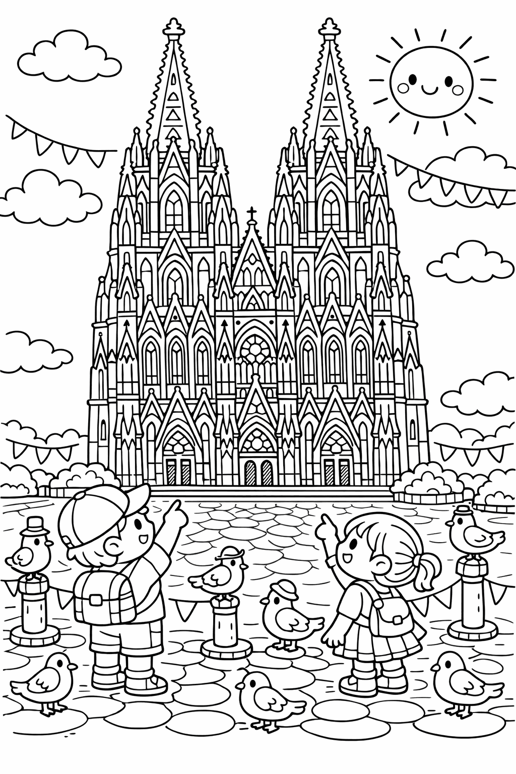 Deutschland: Kinder und Tauben vor dem Kölner Dom - Ausmalbild