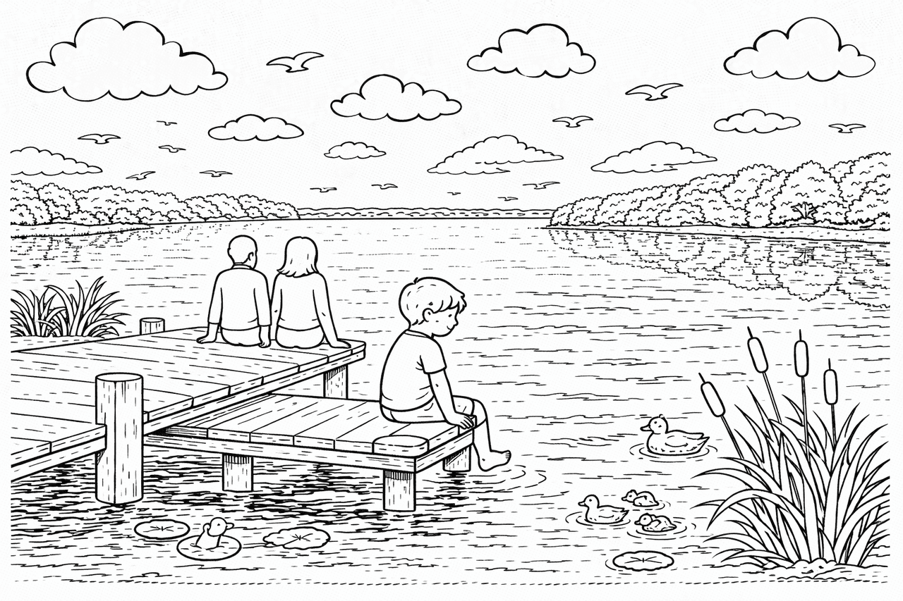 Deutschland: Lakeszene mit Familie und Enten - Ausmalbild