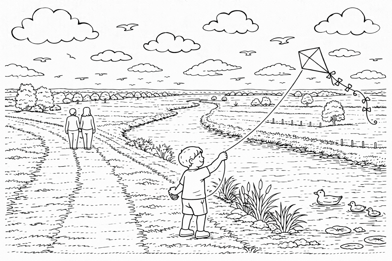 Deutschland: Landschaft mit Drachenflieger und Spaziergängern - Ausmalbild