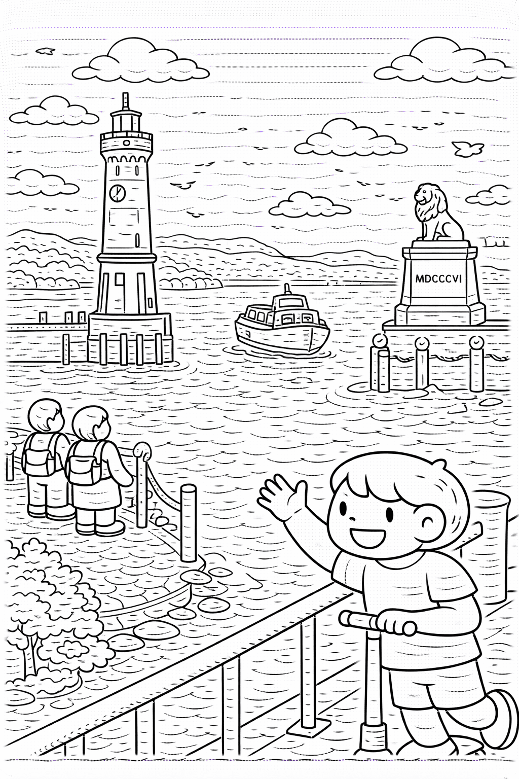 Deutschland: Lindauer Hafen mit Leuchtturm und Löwe - Ausmalbild