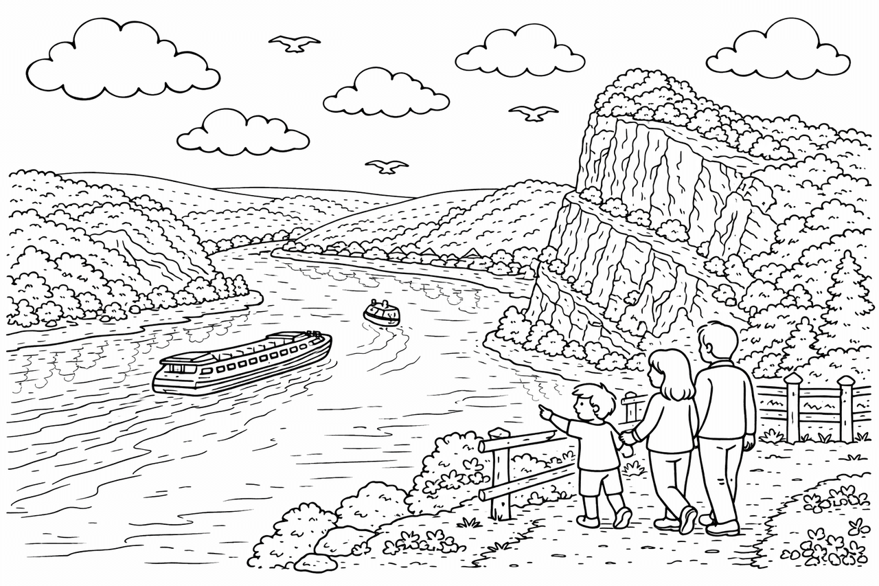 Deutschland: Loreleyfelsen am Rhein mit Familie - Ausmalbild