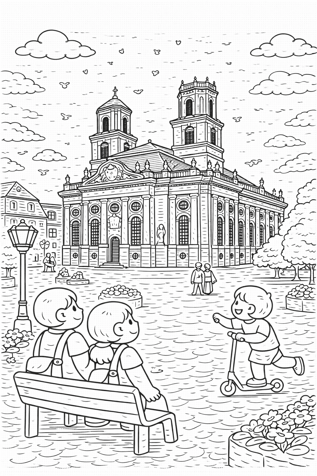 Deutschland: Ludwigskirche und der sonnige Nachmittag - Ausmalbild