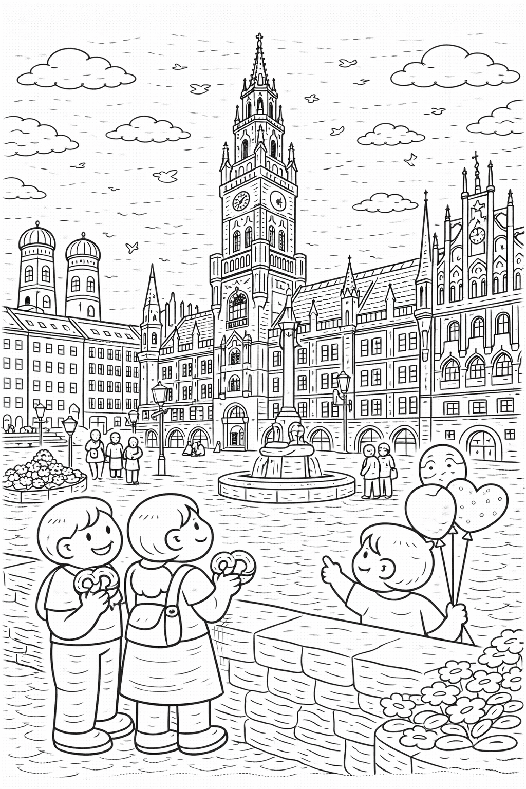 Deutschland: Marienplatz mit Kindern und Glockenspiel - Ausmalbild