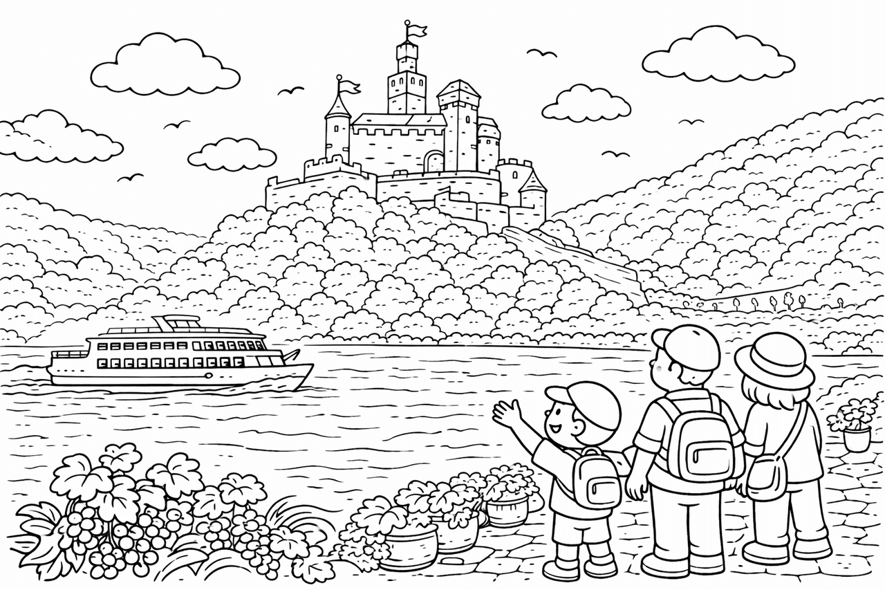 Deutschland: Marksburg Castle and family by Rhine - Ausmalbild